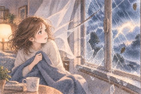 嵐で割れた窓から雨風が入る部屋と女性