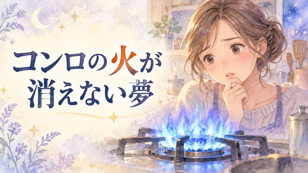 消えないコンロの火を見つめ、不安そうに考える大人の女性
