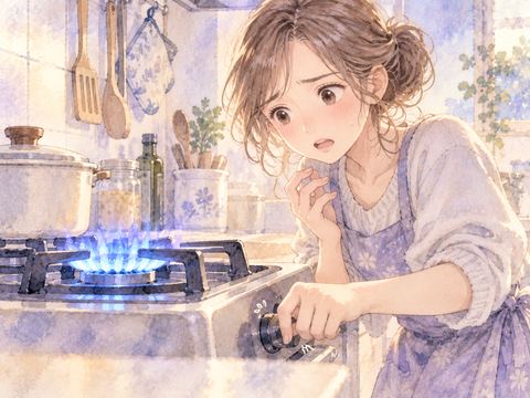コンロのつまみを操作しても消えない炎に困惑する女性