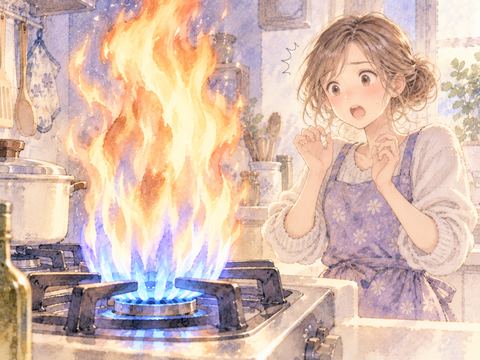 大きく燃え上がるコンロの炎に驚く女性