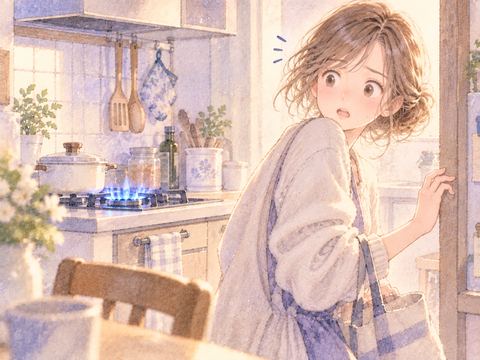 ついたままのコンロの火に気づき振り返る女性