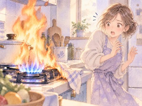 コンロの炎が近くの布へ燃え移り驚く女性