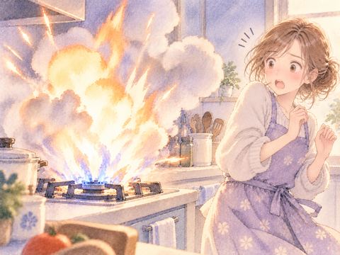 ガスコンロから光と煙が弾けて驚く女性