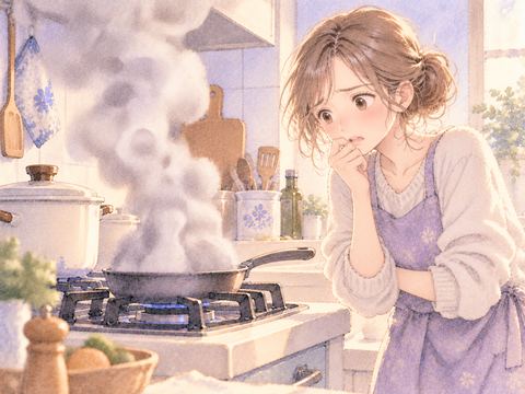 コンロから立ちのぼる煙を心配そうに見つめる女性