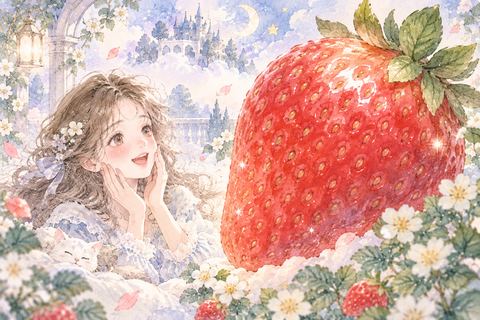 大きないちごを驚いて見上げる女性