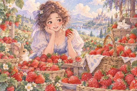 たくさんのいちごを前に迷う女性