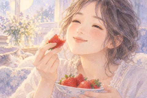 甘いいちごを食べて微笑む女性
