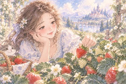 熟したいちごを選んで摘む女性