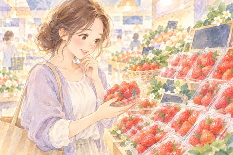 店頭でいちごを選ぶ大人の女性