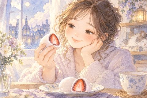 いちご大福を手にして微笑む女性