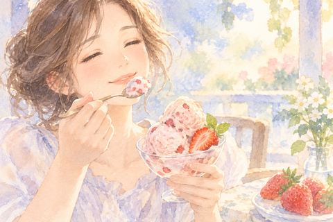 いちごアイスを楽しそうに食べる女性