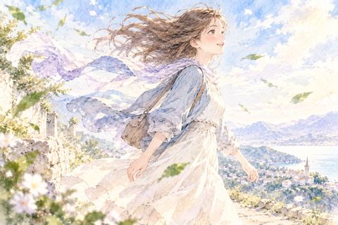 追い風を受けて軽やかに歩く女性
