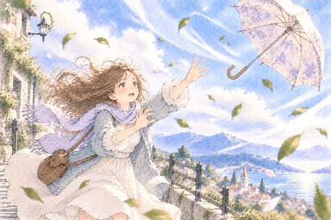 強風で傘を飛ばされて驚く女性