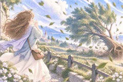 強風で大きな木が倒れるのを見る女性