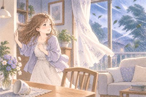 強風で揺れる家の中で不安そうな女性