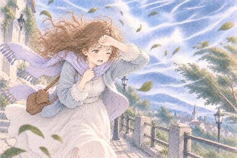 強風を怖がり身を守る女性