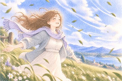 強い風を心地よさそうに受ける女性
