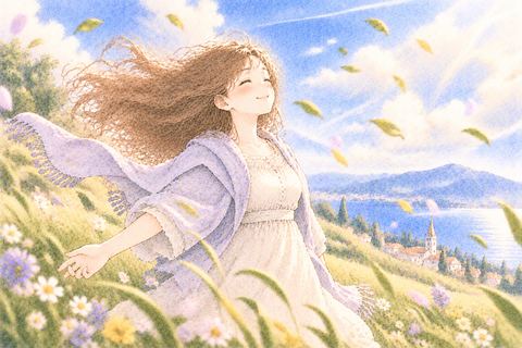暖かい風を受けて安心する女性