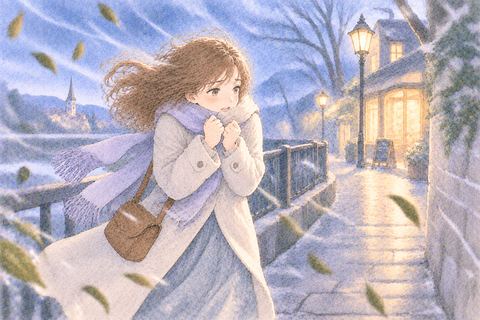 冷たい強風に身を縮める女性