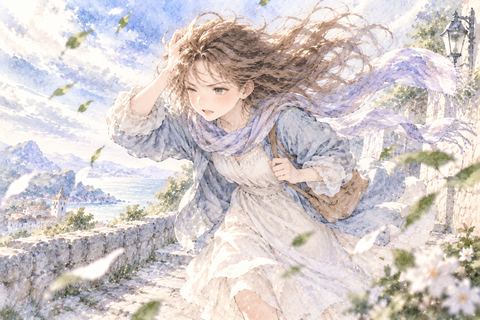 強い向かい風に耐えて進む女性