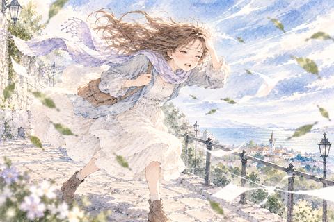 強風に阻まれて前へ進めない女性