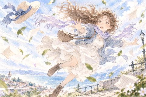 強風でふわりと飛ばされる女性
