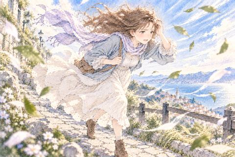 強い風に押されながら歩き続ける女性