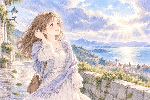 強風がやみ静かな景色にほっとする女性