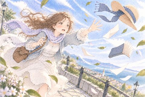 強風で持ち物が飛んで驚く女性