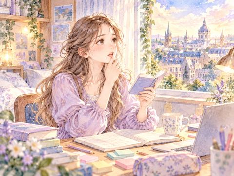 語学教材を開き発音を練習する女性