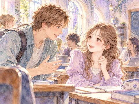 留学先の教室で初対面の学生と笑顔で話す女性