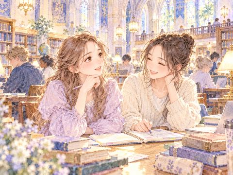 海外の学校で親しい友達と課題を教え合う女性