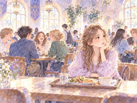 留学先の食堂で一人寂しそうに座る女性