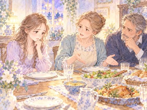 ホームステイ先の食卓で家族と気まずくなる女性