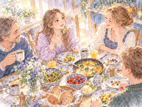 留学先の家庭で現地の料理を楽しそうに食べる女性
