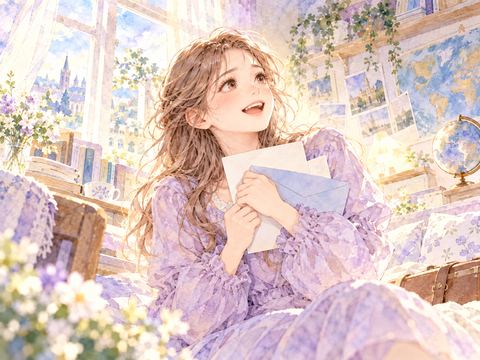 留学の合格通知を手に笑顔で喜ぶ女性