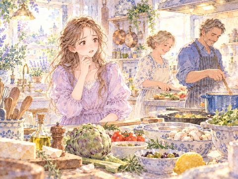 留学先の台所で食事や生活習慣の違いに戸惑う女性
