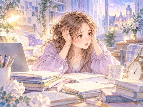 留学先の机で大量の課題に追われ焦る女性