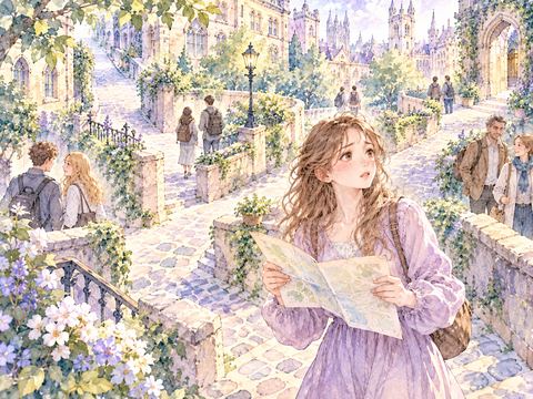 留学先の知らない街で地図を見ながら道に迷う女性