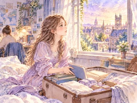 留学途中で教科書をしまい帰る決断をする女性