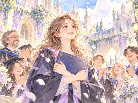 海外の学校の修了式で修了証を手に微笑む女性