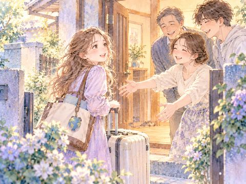留学を終え日本の家族に笑顔で迎えられる女性
