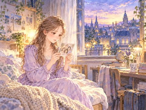 留学先の部屋で家族写真を見つめ帰国を願う女性