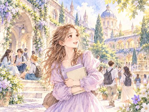 留学先の新しい学校にわくわくしながら向かう女性