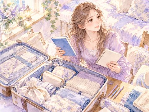語学教材やノートをスーツケースに用意する女性