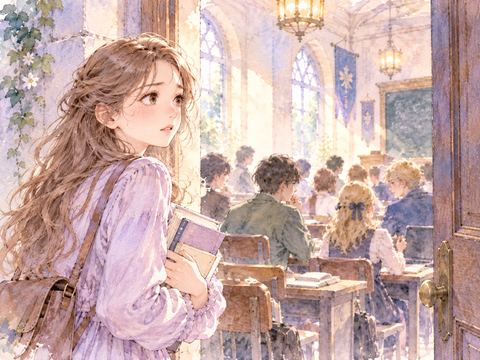 留学先の教室の入口で緊張して立ち止まる女性