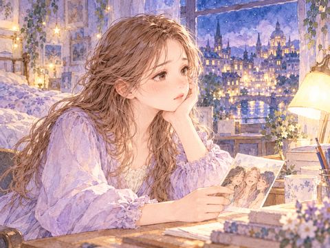 留学先の部屋で友達の写真を見て寂しそうな女性