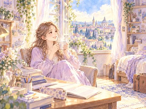 留学先の部屋でお茶を飲み穏やかにくつろぐ女性