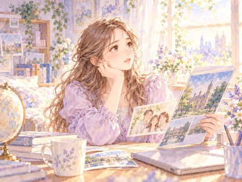 海外の学校案内と家族写真を前に迷う女性