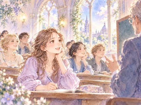 海外の教室で楽しそうにノートを取る女性